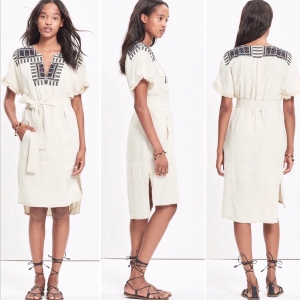 Madewell Boho Linen blend Dress Fringe Embroidered size Medium